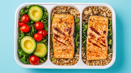 Vibrant flat lay of colorful meal prep container featuring grilled salmon, creamy avocado, and nutty mixed grains on a bright background