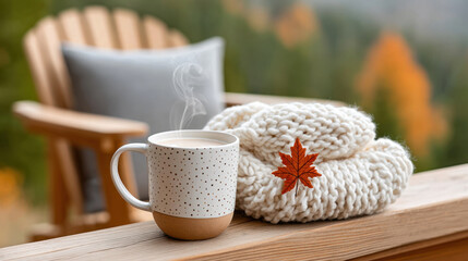 Cozy autumn morning with hot drink, knit blanket, maple leaf and wooden chair outdoors
