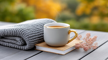 Cozy autumn tea moment with warm blanket, book, and golden cup on wooden table outdoors