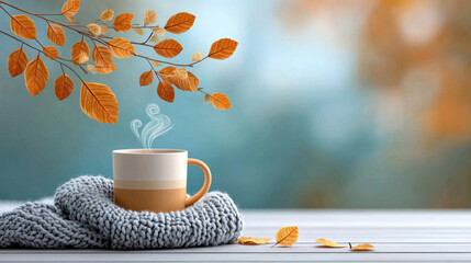 Cozy autumn mug with steam wrapped in knit scarf on wooden table under falling leaves
