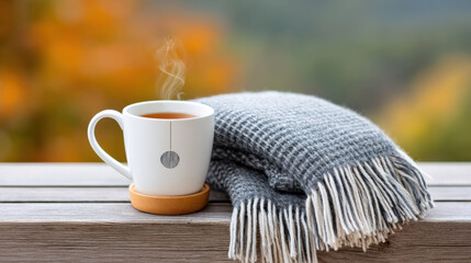 Cozy autumn tea with steam rising beside soft gray wool blanket on wooden patio table