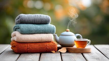 Cozy folded sweaters, warm tea, and autumn leaves on rustic wooden table outdoors