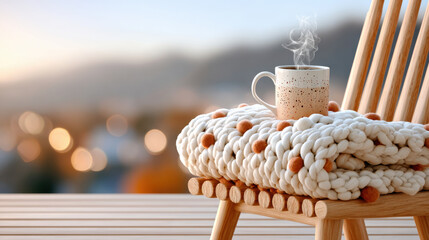 Cozy autumn morning with warm drink, knitted blanket, wooden chair, and soft bokeh light