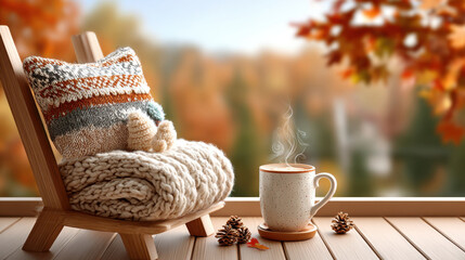 Cozy autumn chair with knitted pillow, warm blanket, and coffee on wooden deck in fall forest