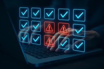 Hands type on a laptop keyboard with digital checkmarks and error icons displayed.