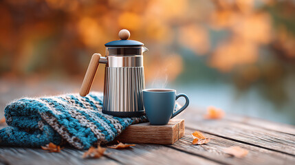 Cozy autumn coffee scene with knit throw, steaming cup, and French press on rustic wood table