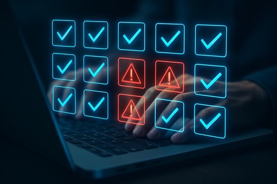 Hands type on a laptop keyboard with digital checkmarks and error icons displayed.