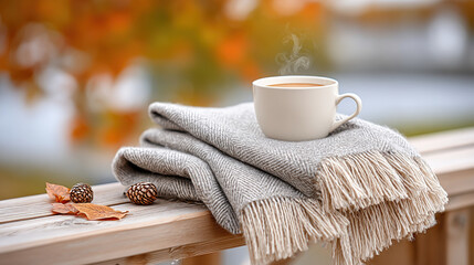 Cozy white cup on soft wool throw with steam rising, autumn leaves and pinecones nearby