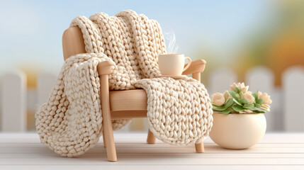Cozy wooden chair with chunky knit blanket, warm drink, and potted plant on patio