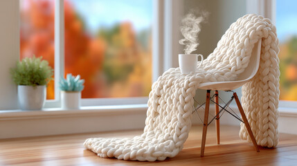 Cozy white chair with chunky knit blanket and hot drink on wood floor in autumn sunlight