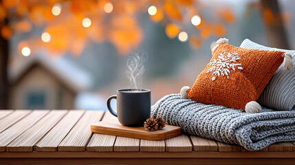 Cozy autumn deck with warm drink, orange pillow, soft blanket, and rustic wood texture