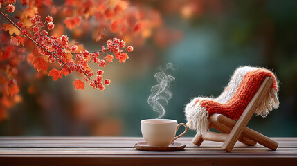 Steaming cup on wooden table with cozy chair and autumn leaves in warm soft focus