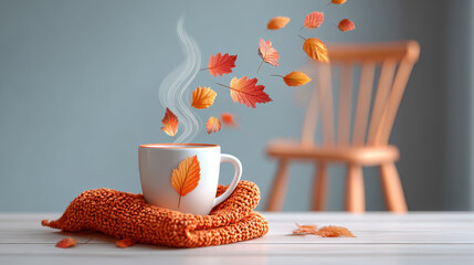 Steaming cup on orange knit cloth with autumn leaves floating in cozy calm atmosphere