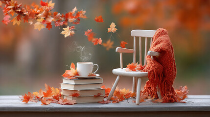 Cozy autumn scene with hot drink, books, and warm blanket on wooden chair outdoors