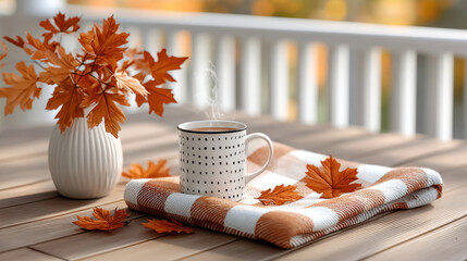 Cozy autumn scene with hot drink, checkered blanket, and fall leaves on wooden deck