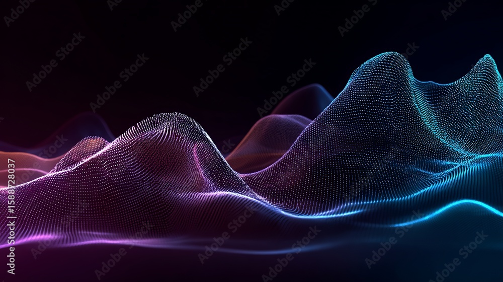 Poster abstract wave landscape created by thousands of dots with vibrant gradient light effect in a dark at