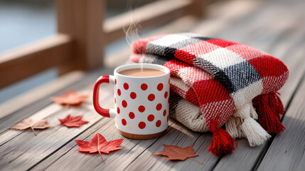 Red polka dot mug with hot drink beside checkered blanket on wooden deck in autumn