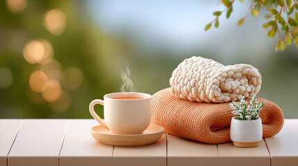 Cozy cup of tea with soft blanket and plant on wooden table in warm outdoor autumn light