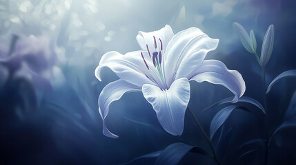 Fototapeta premium Elegant Lily: A pristine white lily, radiating purity and grace, blossoms delicately amidst a dreamy, soft-focus backdrop of muted blues and greens.