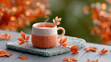 Cozy autumn tea cup with knitted cover on mat, surrounded by orange fall leaves