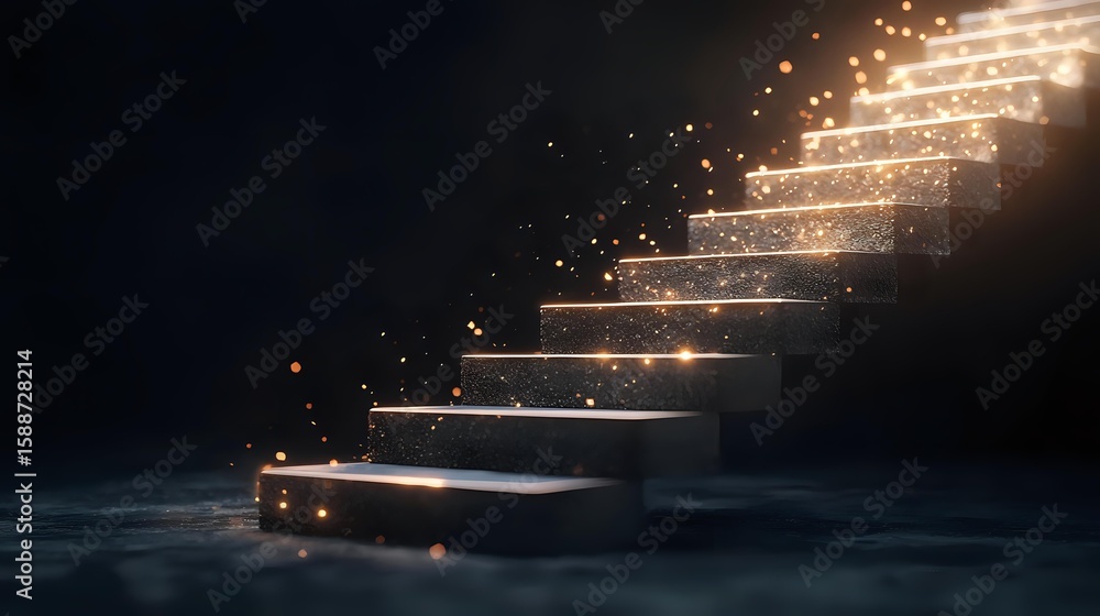 Poster glowing stairway ascending into darkness with magical light particles and sparkles floating around m