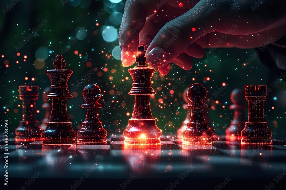 Poster glowing chess pieces on dark background with magical red and green light effects, hand moving figure