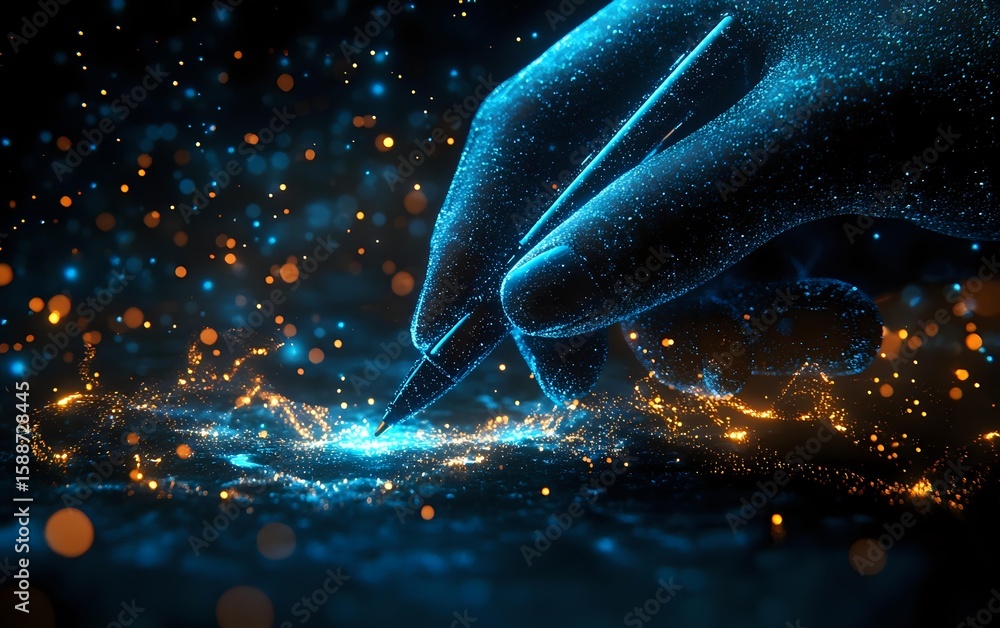 Poster glowing blue hand with pen drawing luminous golden lines against dark background with magical sparkl