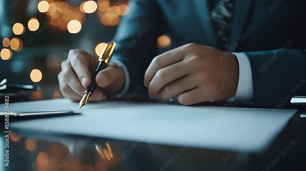 Poster business professional signing important document with luxury pen in evening office setting with soft