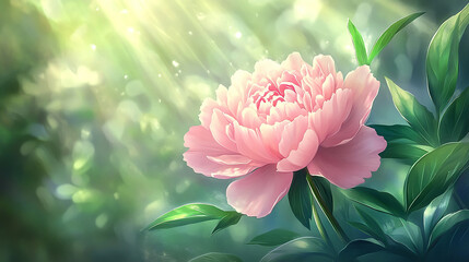 Enchanting Bloom: A luminous peony, with its delicate pink petals and lush green foliage, is bathed in ethereal sunlight, creating a scene of tranquility and beauty.
