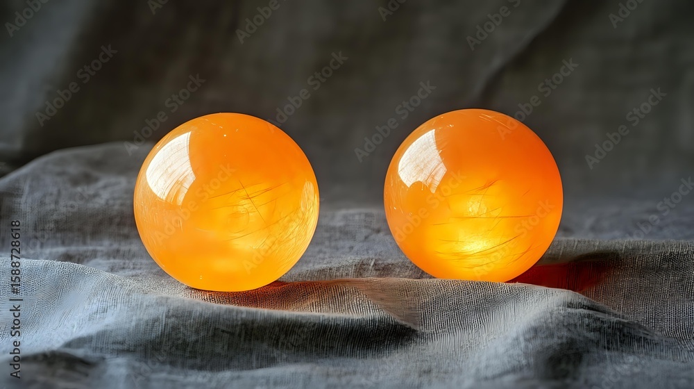 Aufkleber glowing orange spherical balls on gray textile surface with soft illumination and dramatic shadows c