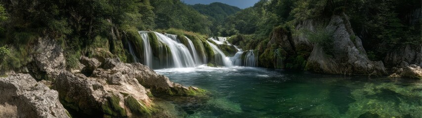Fototapeta premium Panoramic view of scenic waterfalls nature landscape 360 degrees hdri tranquil environment