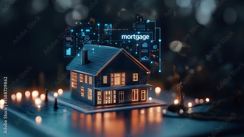 Aufkleber glowing house model with digital mortgage data and financial graphs floating above in blue holograph