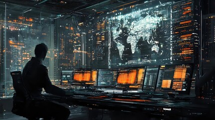 Male silhouette in dark control room monitoring multiple screens with global digital map and data visualization, orange and blue technological atmosphere.