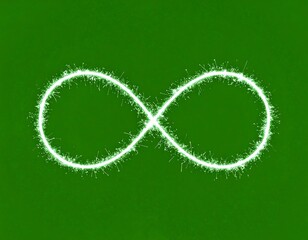 White infinity symbol, sparkled, on a solid green background