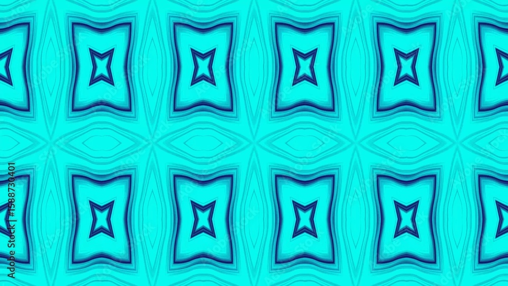 Poster repeating abstract pattern in teal and blue with star- shaped center