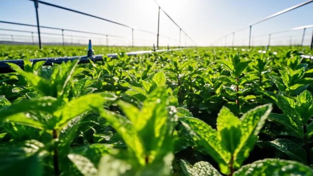 Mint Field Cultivation: Rows of Fresh Green Herbs with Irrigation System in Agricultural Farm Video