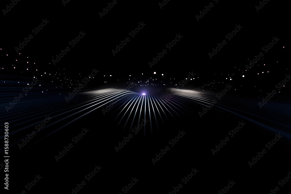 Poster futuristic light rays spreading across dark horizon with glowing particles and streaks creating dram
