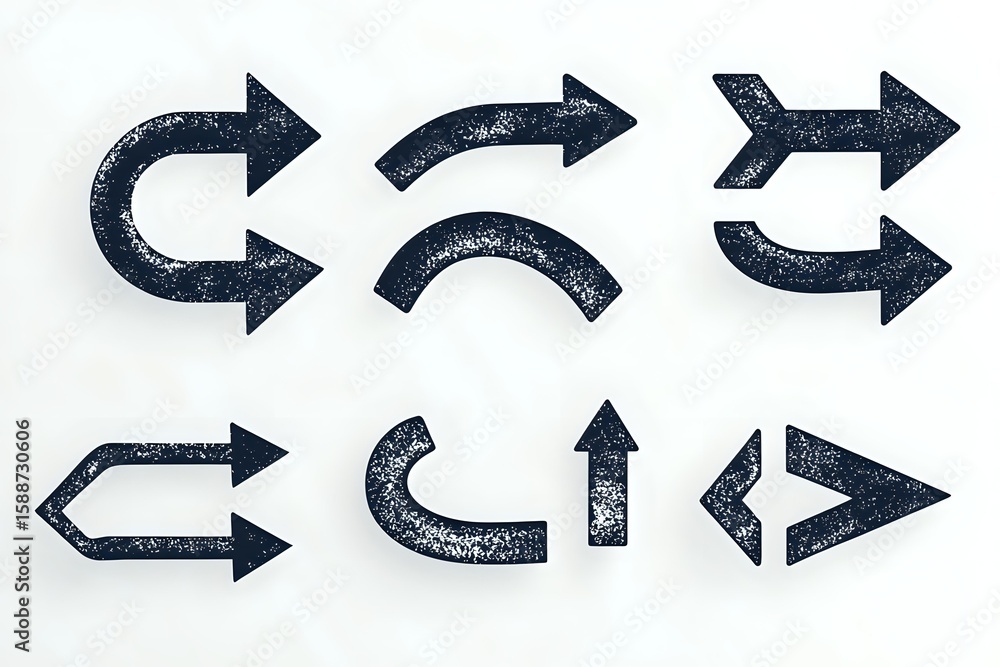 Poster black grunge arrows collection with textured effect on white background, isolated design elements fo