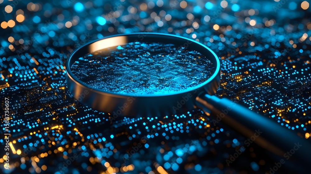 Aufkleber magnifying glass on dark background with glowing blue bokeh lights and sparkles creating magical inv