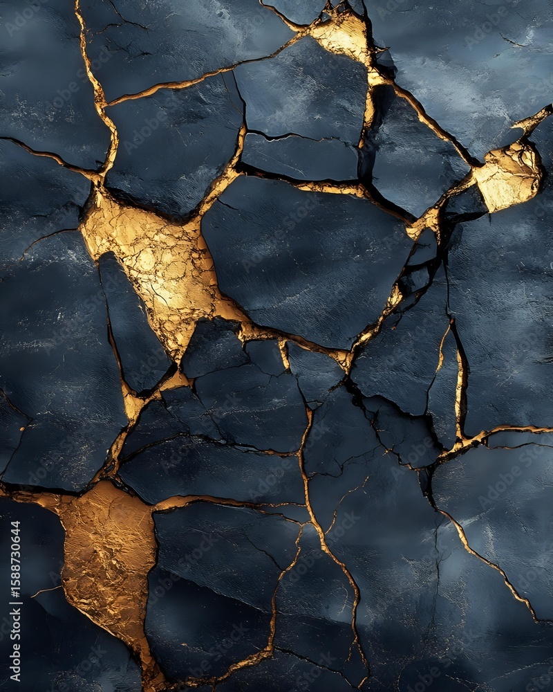 Poster cracked dark stone surface with golden metallic elements showing through fissures, creating dramatic