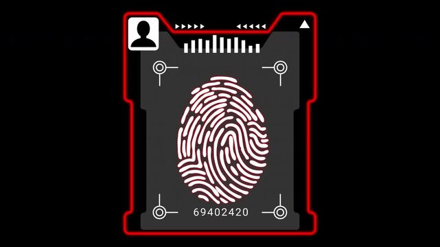 Digital fingerprint scan interface with user icon and ID number, biometric sensor display, cyber identity verification concept, ideal for cybersecurity, digital access and secure technology visuals.