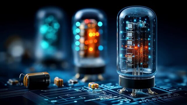 Abstract futuristic Vacuum Tubes in Electronic Circuitry. Engineering using early electronic systems.