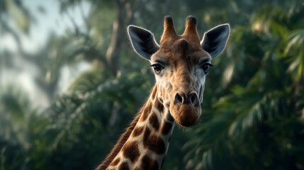 Obraz premium Giraffe head patterned fur dark green foliage animal portrait