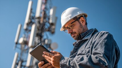 A telecommunications engineer wearing a hard hat inspects data on a tablet near a cell tower outdoors.