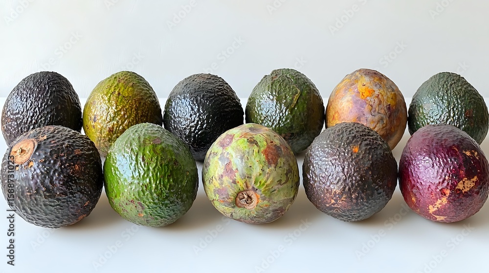 Poster fresh ripe and overripe avocados in different stages of ripeness arranged in row showing natural col