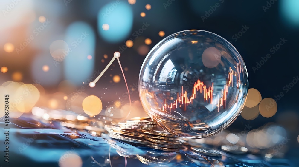 Poster crystal ball with financial chart reflection resting on pile of coins against blurred bokeh backgrou
