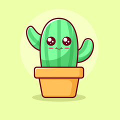 Adorable kawaii cactus plant in a pot with smiling face. Perfect for kids design, stickers, greeting cards, and cute cartoon illustration projects.