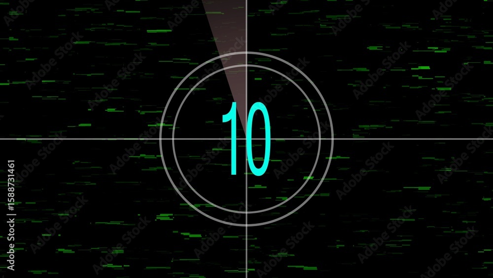 Poster countdown timer with number 10 on a black and green glitch background