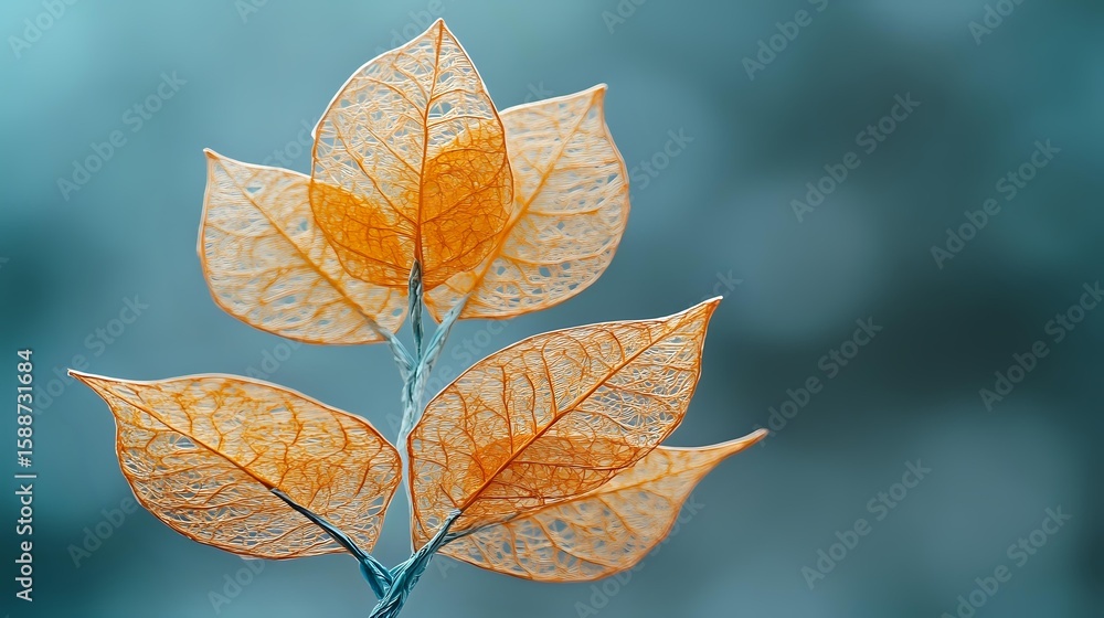 Poster delicate skeleton leaves in orange tones against blurred turquoise background showcase intricate vei
