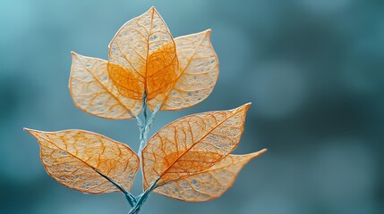 Delicate skeleton leaves in orange tones against blurred turquoise background showcase intricate vein patterns and translucent natural texture in macro photography.